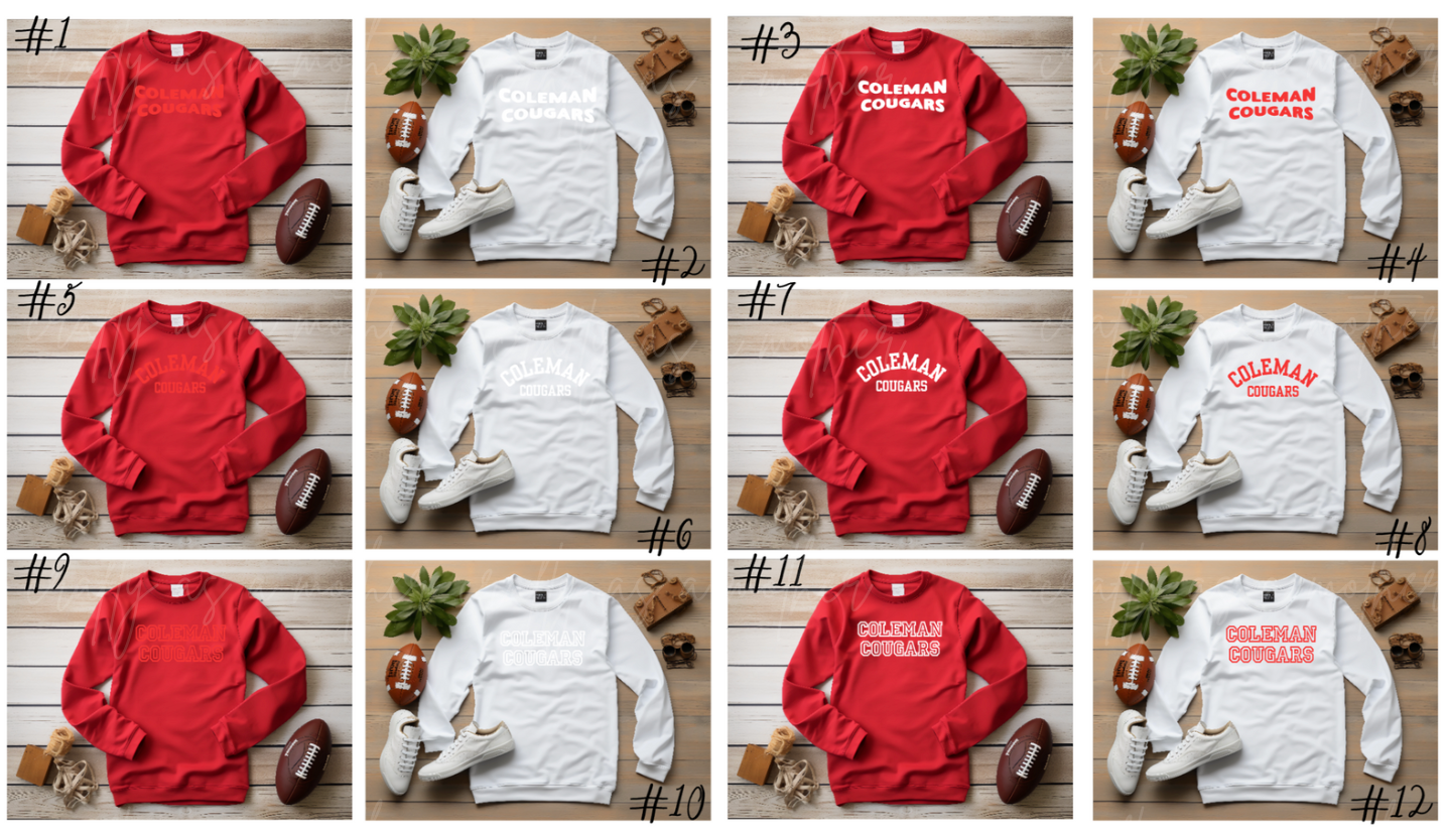 Coleman Cougars Sweatshirts - Puff Vinyl - 12 Options!